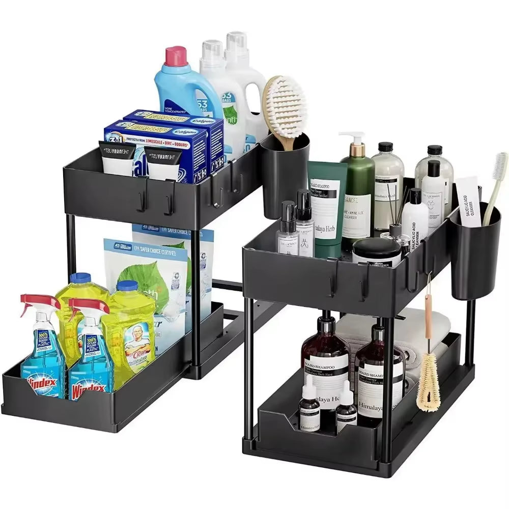 2025 2Tier Organizer Sliding Cabinet Basket Organizer Storage Rack with Hooks Hanging Cup Bathroom Kitchen Organizerunder Sink