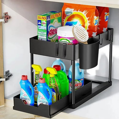 2025 2Tier Organizer Sliding Cabinet Basket Organizer Storage Rack with Hooks Hanging Cup Bathroom Kitchen Organizerunder Sink