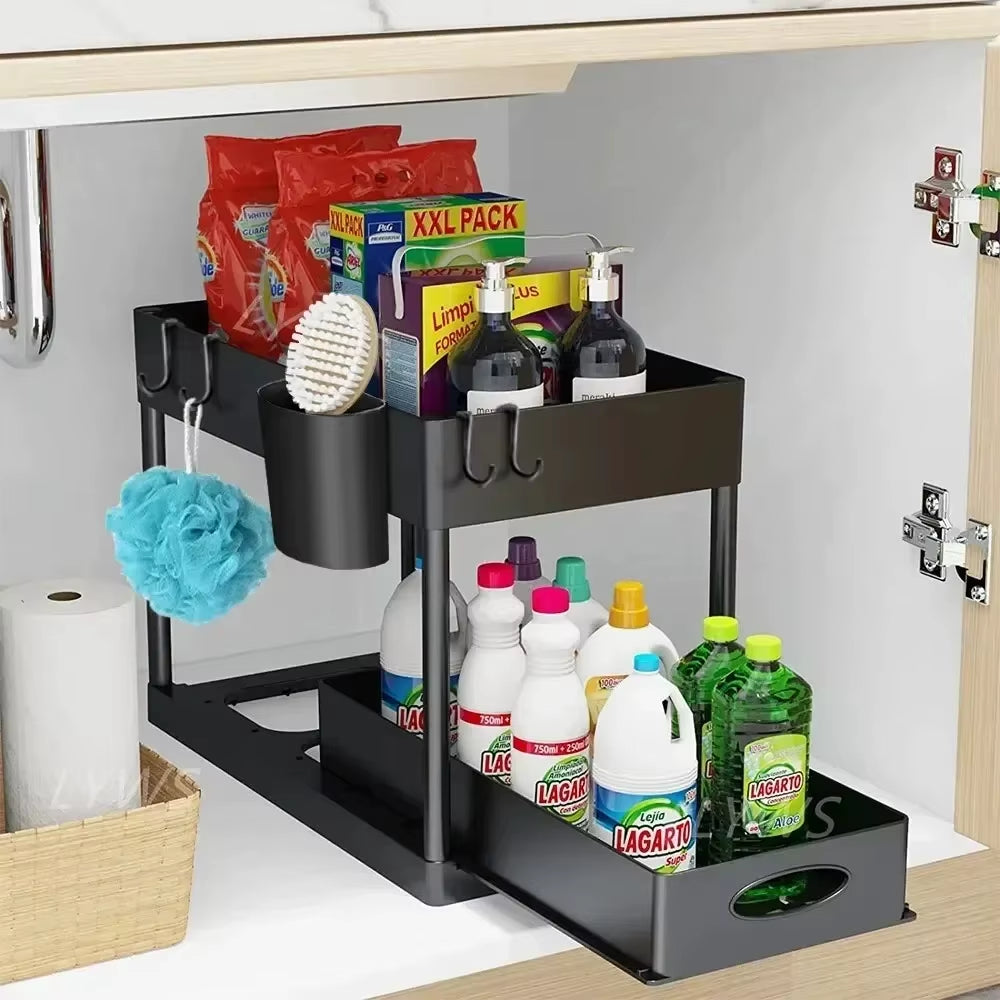 2025 2Tier Organizer Sliding Cabinet Basket Organizer Storage Rack with Hooks Hanging Cup Bathroom Kitchen Organizerunder Sink